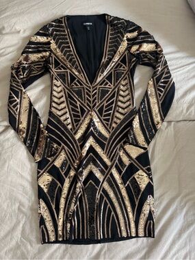 Express Black and Gold Sequin Long Sleeve Dress